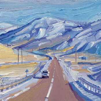 Painting titled "Road in a snowy hil…" by Ekaterina Glazkova, Original Artwork, Oil