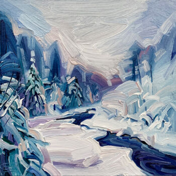 Painting titled "River in a snowy fo…" by Ekaterina Glazkova, Original Artwork, Oil