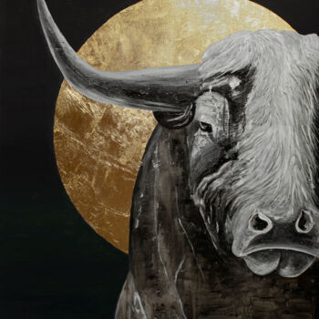 Painting titled "Big love. Bull" by Ekaterina Khovanskaya, Original Artwork, Acrylic Mounted on Wood Stretcher frame