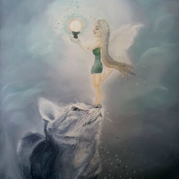 Painting titled "fairy tale with cat" by Ekaterina Nichubai (Shpekht), Original Artwork, Oil