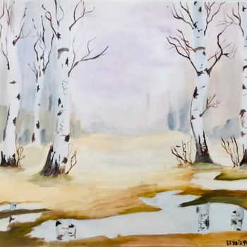 Painting titled "Birch trees in my f…" by Elżbieta Helena Pawłowska, Original Artwork, Watercolor