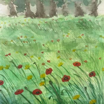 Malarstwo zatytułowany „Poppy Field” autorstwa Elaine Mifsud, Oryginalna praca, Akwarela