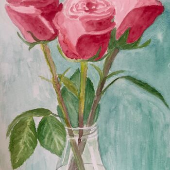 Malarstwo zatytułowany „Red roses in a vase” autorstwa Elaine Mifsud, Oryginalna praca, Akwarela