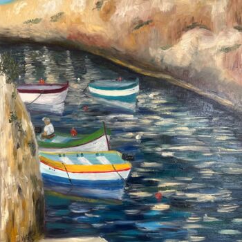 Peinture intitulée "Boats at Wied iz-Zu…" par Elaine Mifsud, Œuvre d'art originale, Huile Monté sur Panneau de bois