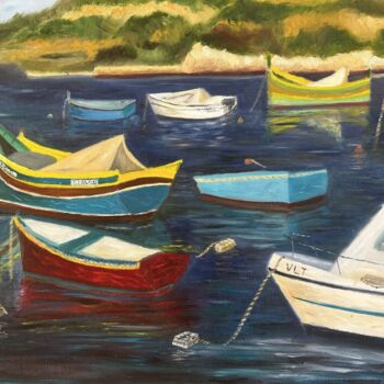 Painting titled "Boats at Marsaxlokk…" by Elaine Mifsud, Original Artwork, Oil Mounted on Cardboard