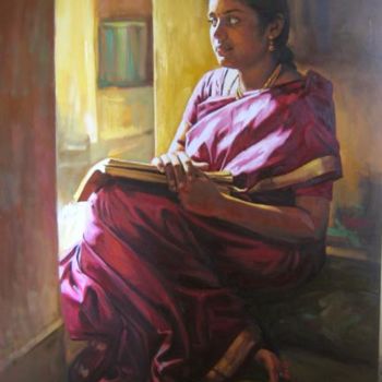 Pintura intitulada "my wife" por S.Elayaraja, Obras de arte originais, Óleo