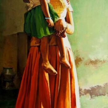 Painting titled "girl with child" by S.Elayaraja, Original Artwork, Oil