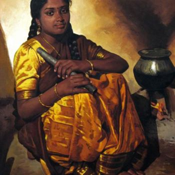 Peinture intitulée "a villege girl" par S.Elayaraja, Œuvre d'art originale