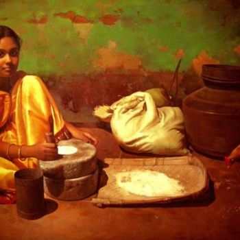 Painting titled "rice grinder2" by S.Elayaraja, Original Artwork, Oil