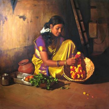 Painting titled "flower maker" by S.Elayaraja, Original Artwork, Oil