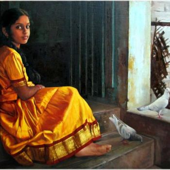 Malerei mit dem Titel "girl with pigion5" von S.Elayaraja, Original-Kunstwerk, Öl