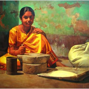 「rice grinder」というタイトルの絵画 S.Elayarajaによって, オリジナルのアートワーク, オイル