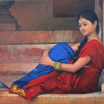 Painting titled "girl with pigion3" by S.Elayaraja, Original Artwork, Oil