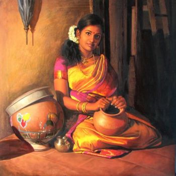Malerei mit dem Titel "women with pot" von S.Elayaraja, Original-Kunstwerk, Öl