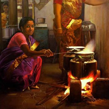 Pintura intitulada "pongal pandigai" por S.Elayaraja, Obras de arte originais