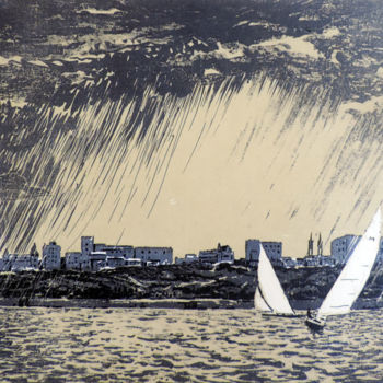 Картина под названием "Яхты в грозу" - Николай Хальзев, Подлинное произведение искусства, Линогравюры