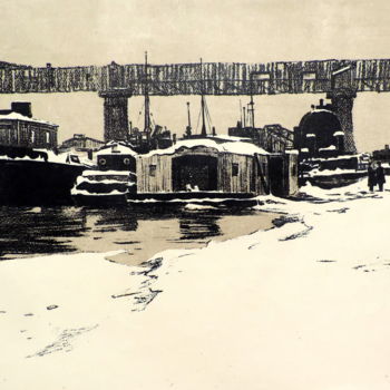 Картина под названием "Зимняя стоянка у эл…" - Николай Хальзев, Подлинное произведение искусства, гравюра