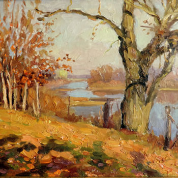 Картина под названием "Осень на озере" - Николай Хальзев, Подлинное произведение искусства, Масло Установлен на картон