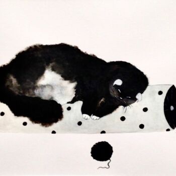 Картина под названием "Chat qui dort numér…" - Eleanor Gabriel, Подлинное произведение искусства, Акварель
