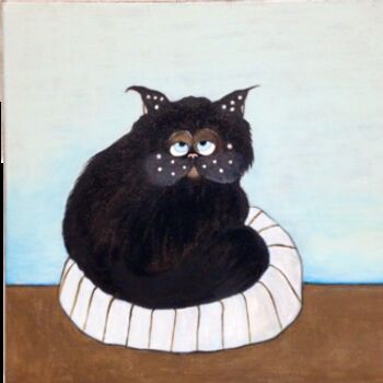 Painting titled "Chat noir au coussin" by Eleanor Gabriel, Original Artwork, Acrylic