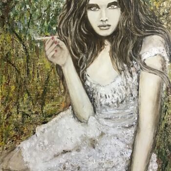 Painting titled "Hippie à la cigaret…" by Electre, Original Artwork, Oil Mounted on Other rigid panel
