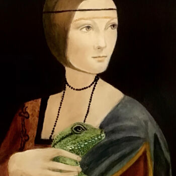 Painting titled "La dame au gekko" by Electre, Original Artwork, Oil Mounted on Wood Stretcher frame