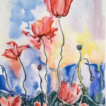 Painting titled "Blooming poppies in…" by Elena Georgiadi, Original Artwork, Watercolor