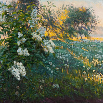 Painting titled "Lilac. Early Morning" by Elena Barkhatkova, Original Artwork, Oil