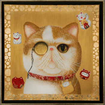 Ζωγραφική με τίτλο "Lucky Money Cat" από Elena Belous, Αυθεντικά έργα τέχνης, Λάδι Τοποθετήθηκε στο Ξύλινο φορείο σκελετό