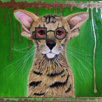 Schilderij getiteld "Green Cat" door Elena Belous, Origineel Kunstwerk, Olie Gemonteerd op Frame voor houten brancard