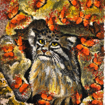 Painting titled "Observing Manul and…" by Elena Belous, Original Artwork, Oil Mounted on Wood Stretcher frame