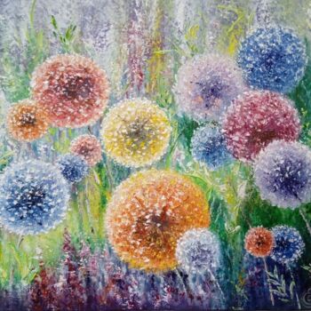 Картина под названием "Rainbow dandelions" - Elena Berezina, Подлинное произведение искусства, Масло Установлен на Деревянна…