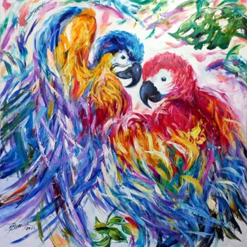 Painting titled "Parrot , art Bissin…" by Elena Bissinger, Original Artwork, Oil Mounted on Wood Stretcher frame