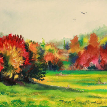 Painting titled "Autumn" by Elena Boyko, Original Artwork, Watercolor