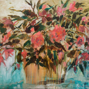 Ζωγραφική με τίτλο "Blooming begonia in…" από Elena Branovitskaya, Αυθεντικά έργα τέχνης, Λάδι Τοποθετήθηκε στο Ξύλινο φορεί…