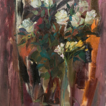 Painting titled "White roses and fre…" by Elena Branovitskaya, Original Artwork, Oil Mounted on Wood Stretcher frame