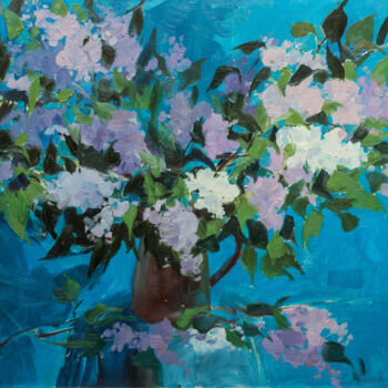 Painting titled "Lilac branches on b…" by Elena Branovitskaya, Original Artwork, Oil Mounted on Wood Stretcher frame