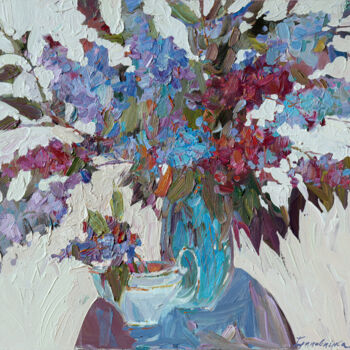 Painting titled "Lilac branches in a…" by Elena Branovitskaya, Original Artwork, Oil Mounted on Wood Stretcher frame