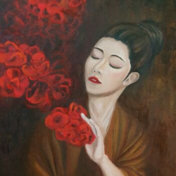 Peinture intitulée "Geisha con flores" par Elena Checa, Œuvre d'art originale, Huile