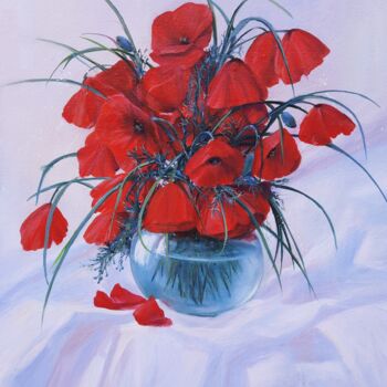 Painting titled ""Coquelicots sur bl…" by Elena Cotté, Original Artwork, Oil Mounted on Wood Stretcher frame