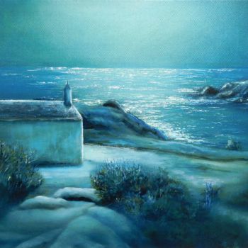 Painting titled "Nuit. L'île d'Yeu" by Elena Cotté, Original Artwork, Oil Mounted on Wood Stretcher frame