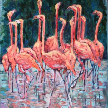 Painting titled "Flamingoes" by Elena Done, Original Artwork, Oil Mounted on Wood Stretcher frame