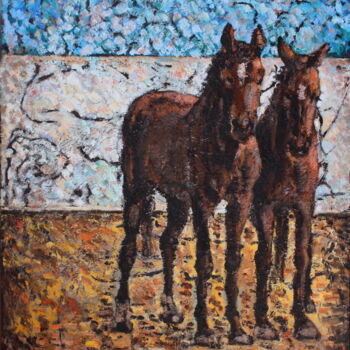 「Horses in Villacana」というタイトルの絵画 Elena Doneによって, オリジナルのアートワーク, オイル ウッドストレッチャーフレームにマウント