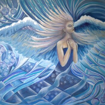 Painting titled "Winter Angel" by Elena Dunaeva, Original Artwork, Oil Mounted on Wood Stretcher frame