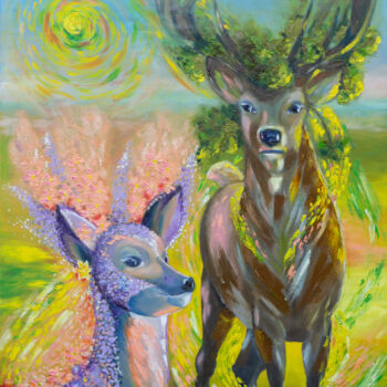 Pittura intitolato "Deer - Spring. Cerv…" da Elena Dunaeva, Opera d'arte originale, Olio Montato su Telaio per barella in le…