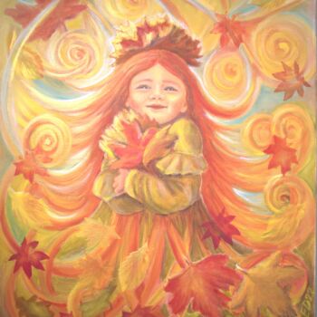 Painting titled "Miss Autunno" by Elena Dunaeva, Original Artwork, Oil Mounted on Wood Stretcher frame