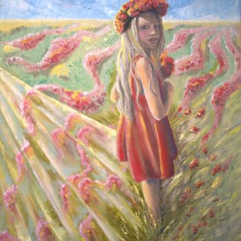 Painting titled "Fiore rosso" by Elena Dunaeva, Original Artwork, Oil Mounted on Wood Stretcher frame