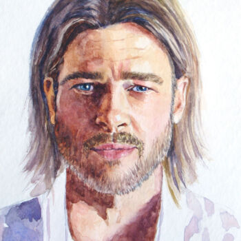 Malerei mit dem Titel "Brad Pitt" von Elena Gaivoronskaia, Original-Kunstwerk, Aquarell
