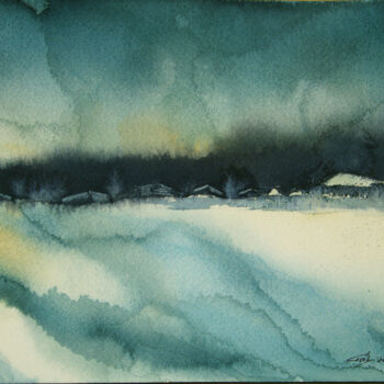 Schilderij getiteld "Abstract winter lan…" door Elena Gaivoronskaia, Origineel Kunstwerk, Aquarel