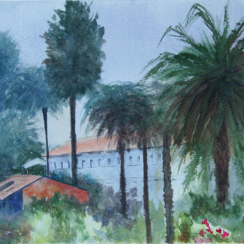 Pintura titulada "Palm trees in the c…" por Elena Gaivoronskaia, Obra de arte original, Acuarela